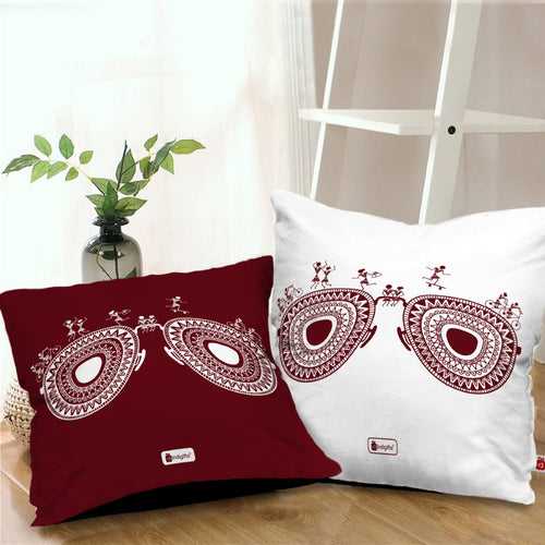 Glare Printed Red & White Warli Themed Ethnic Cushion For Home Decor