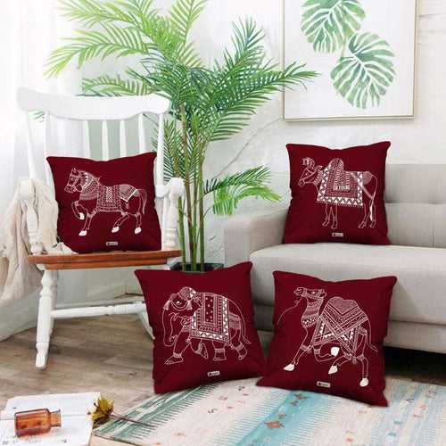 Mandala Themed Animal Printed 4 Red Cushion with Covers For Home Decor