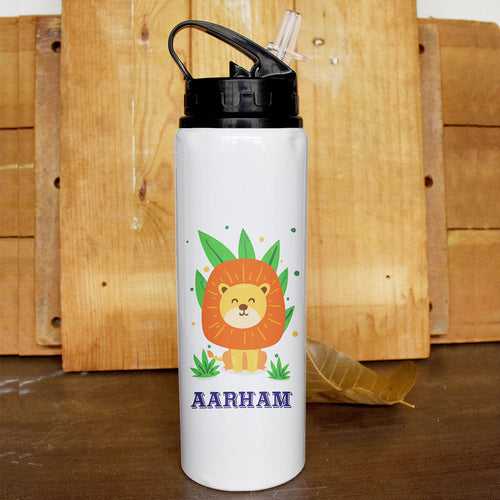 Personalised Sipper Water Bottle with Lion Illustration - Customize Bottle with your Name