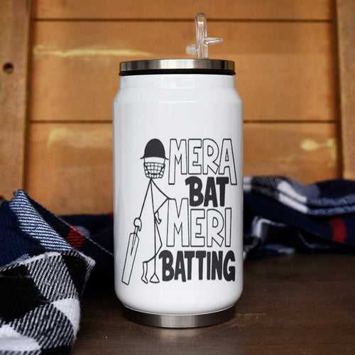 Mera Bat Meri Batting Printed Sipper Can With Lid And Straw - 350 ML