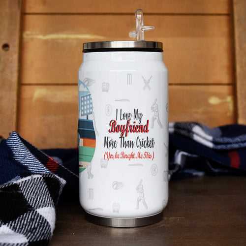 Cricket Love Boyfriend Printed Sipper Can With Lid And Straw - 350 ML
