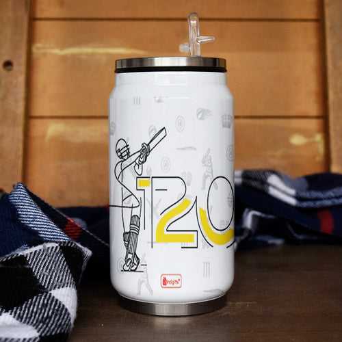 Cricket T20 Printed Sipper Can With Lid And Straw - 350 ML