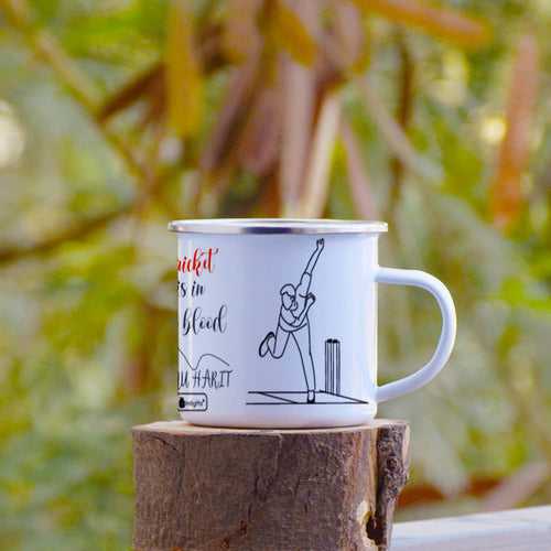 Personalised Cricket In Blood Printed Enamel Mug - Customize Mug With Your Name