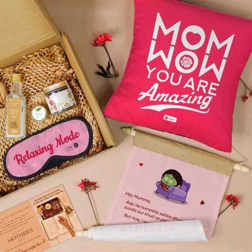 Mom's Care Kit: Eye Mask, Scroll, Cushion, Organic Coconut Oil, Lip Balm, Coffee Scrub,Card For Mother's Day