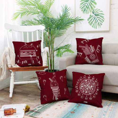 Mandala Themed Food Printed 4 Red Cushion with Covers For Home Decor