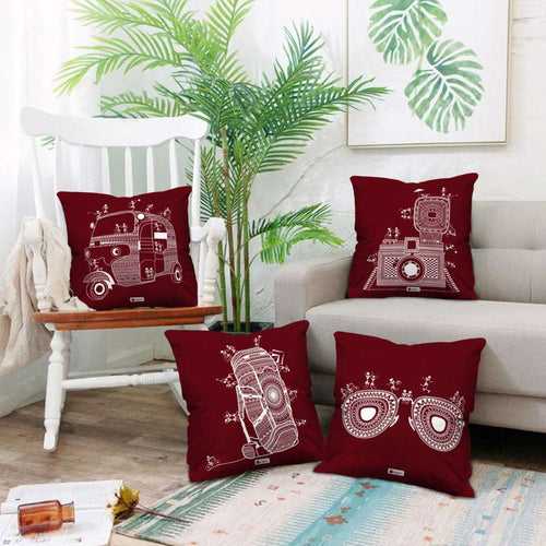 Mandala Themed Traveler Printed 4 Red Cushion with Covers For Home Decor