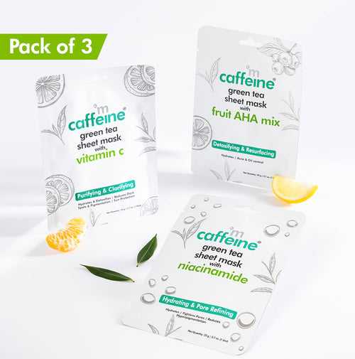 Green Tea Sheet Masks - Vitamin C, Niacinamide & Fruit AHA Mix - Pack of 3