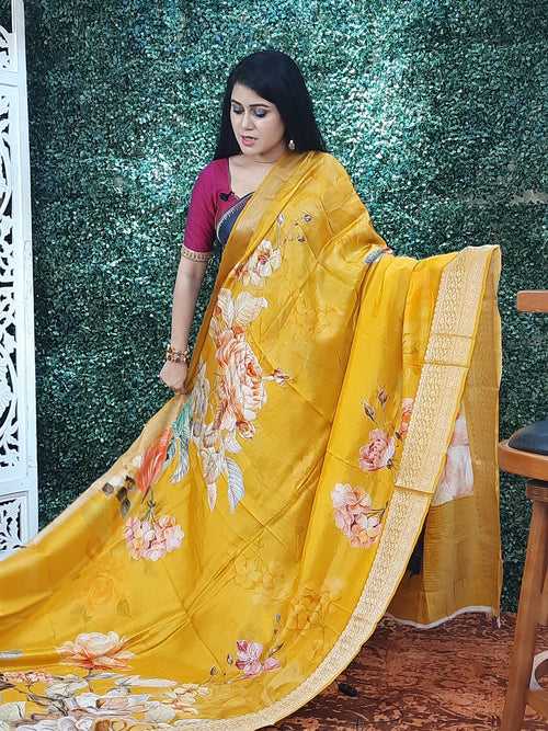 Yellow Printed Dola Silk Saree