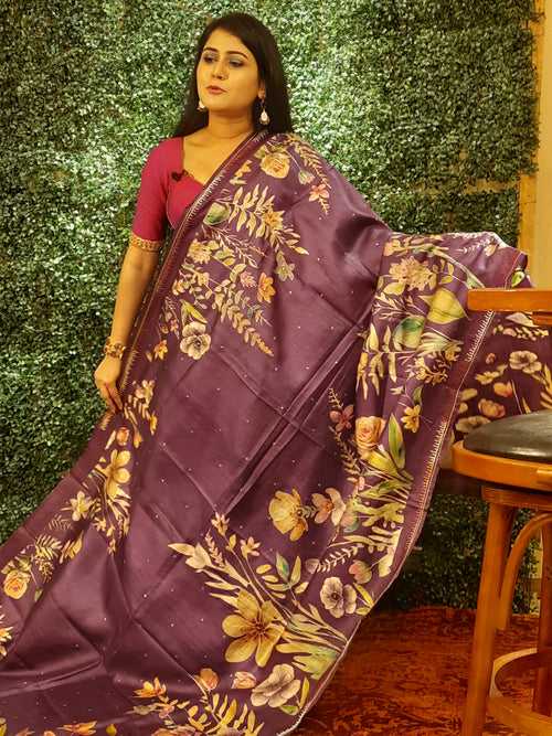 Purple Hand Printed Pure Tussar Silk Saree