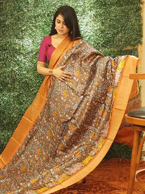 Orange and Brown Printed Silk Saree