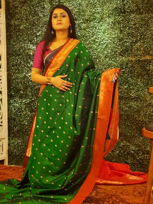 Green and Red Pure Katan Silk Saree