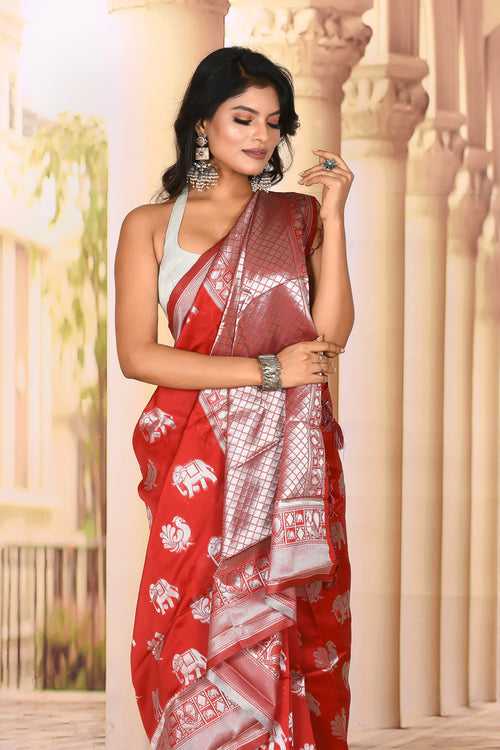 Graceful Red Silver Semi Silk Saree