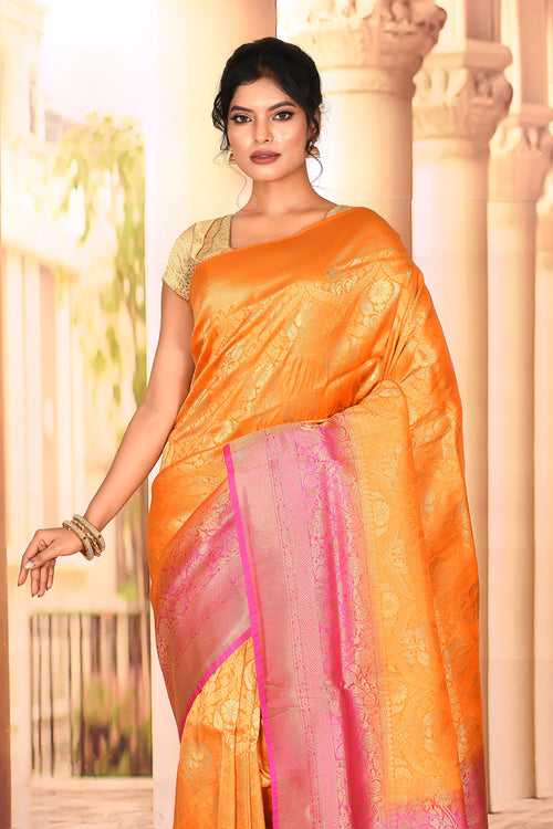 Pretty Orange Pink Semi Silk Saree