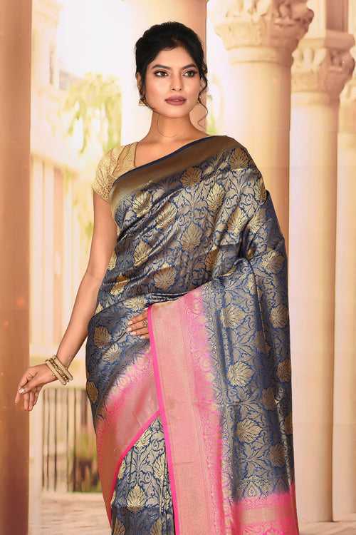 Pretty Blue Pink Semi Silk Saree