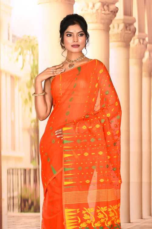 Lightweight Bright Orange Jamdani Saree