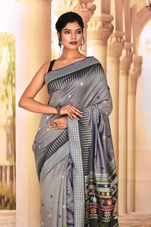 Beautiful Grey Tussar Silk Saree
