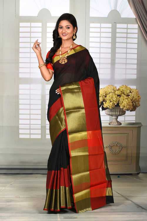 Black Handloom Saree with Golden & Red Border
