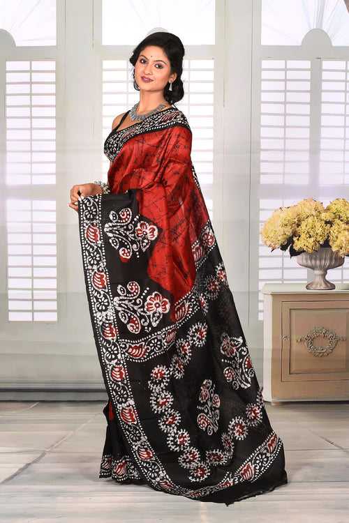 Red Black Batik Semi Silk Saree