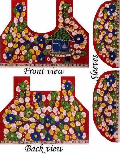 Kalamkari Cotton Blouse material with flowers & House (Red)(25006) Multi-pattern (front/back/arm)