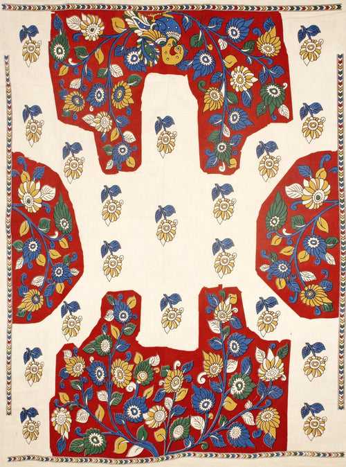 Kalamkari Cotton Blouse material with flowers & Peacock (Red)(25126A) Multi-pattern (front/back/arm)