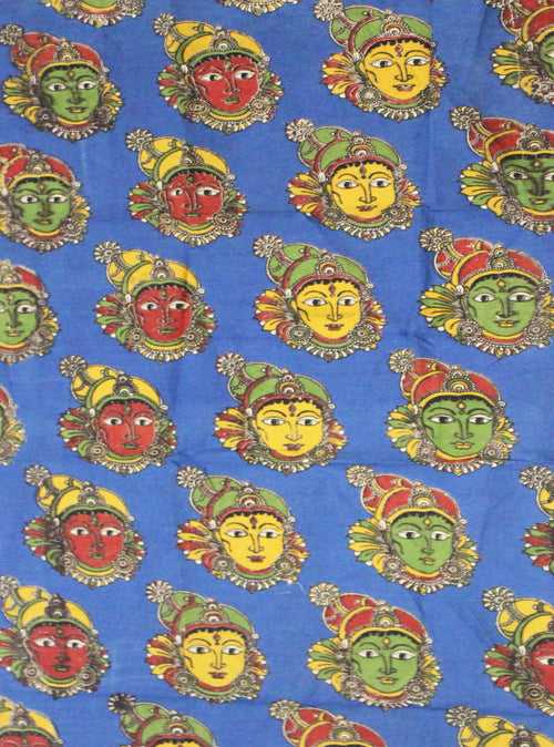 Kalamkari Cotton Blouse material with Faces - Blue (25147B) * Sale 50% Off *