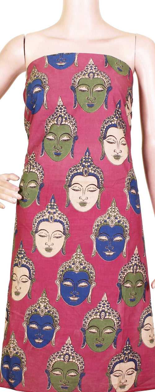 Kalamkari Cotton Salwar Tops/Kurti material with Bhudha faces - Pink (26118A)