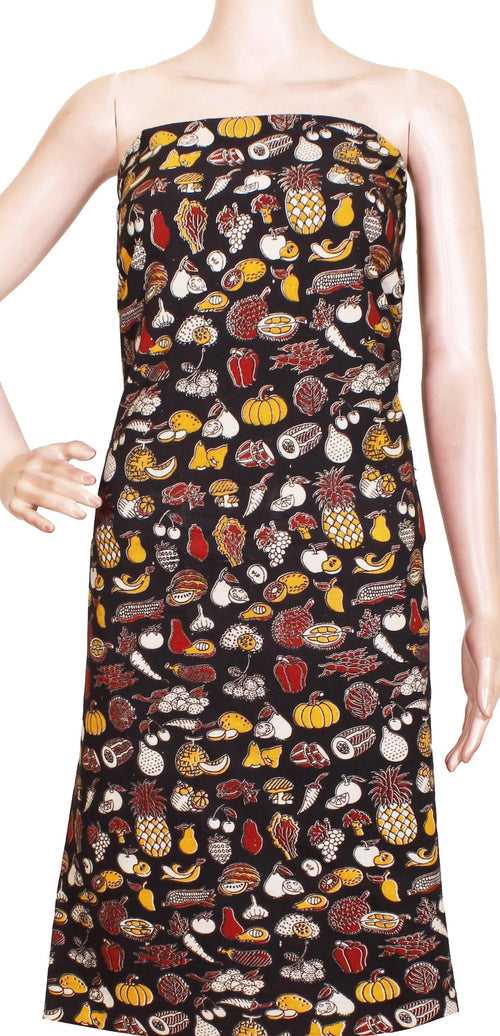 Kalamkari Cotton Salwar Tops/Kurti material with Small Vegetables Designs - Black(K26002A)*Kids Size - Intro Offer*