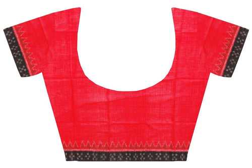Ikkat Blouse material - Handloom Cotton [popupar] with a Temple border -  Red & Black (55036A) *Sale 40% Off*