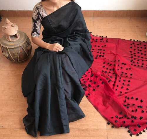 Silk Cotton plain saree with vibrant color combination and pompom lace in pallu- 61026A * Sale 50% Off *