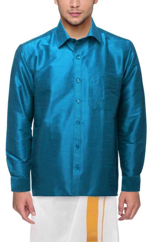 Traditional Raw Silk Shirt for men - full sleeve (Blue) - 90029A