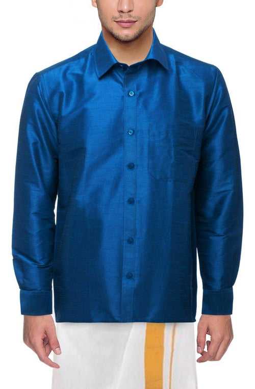 Traditional Raw Silk Shirt for men - full sleeve (Blue) - 90003A