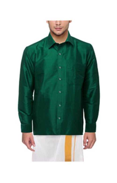Traditional Raw Silk Shirt for men - full sleeve (Green) - 90011A