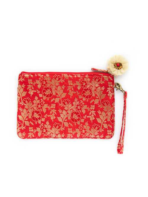 Deep Red Brocade Wristlet