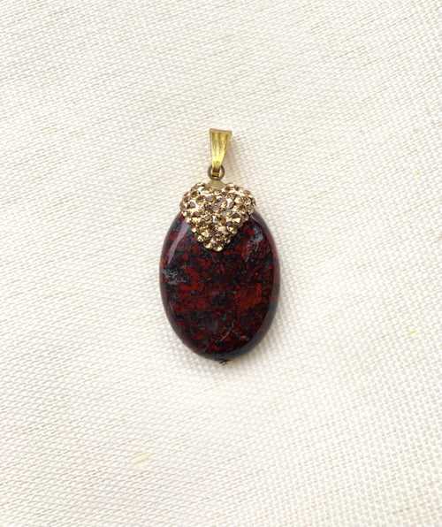 Brecciated Jasper Pendant - Oval shaped with gold rhinestones