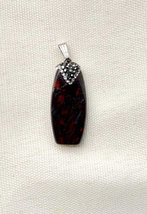 Brecciated Jasper Pendant - elongated shape with black and silver rhinestones