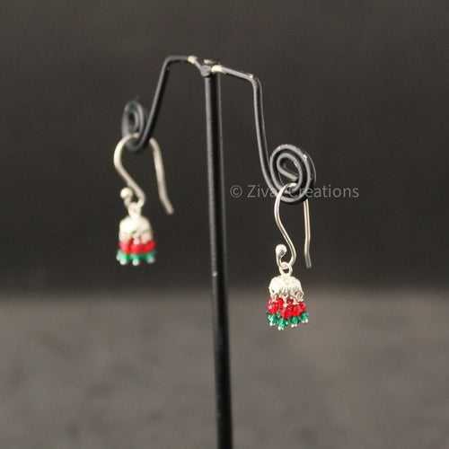 Red And Green Beads Silver Hanging Earring (Jhumka)