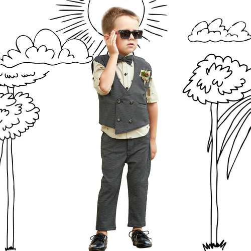 Tiny Dapper Dude! Printed Shirt, Waistcoat, Pant, Bow, Brooch Marvel.