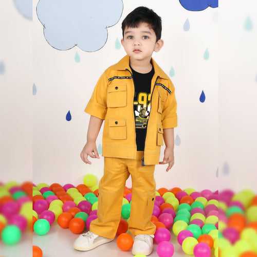 "Stylish Adventures Await: Printed Tee, Jacket, and Pant Set for Boys!"