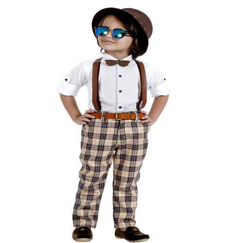 Plaid Party wear Outfit with Suspenders and wooden bow tie.