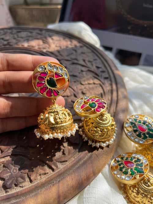 Jumbo Kundan peacock matte jhumkas