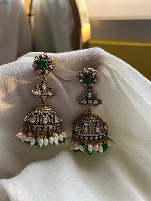 Victorian style emerald rice pearl jhumkas