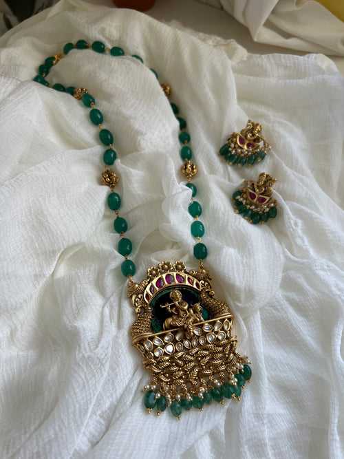 Krishna polki pendant with real peacock feather detail maala