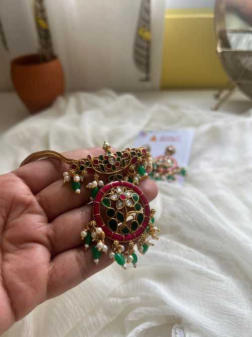 Enamel Kundan work necklace with Chaandbalis