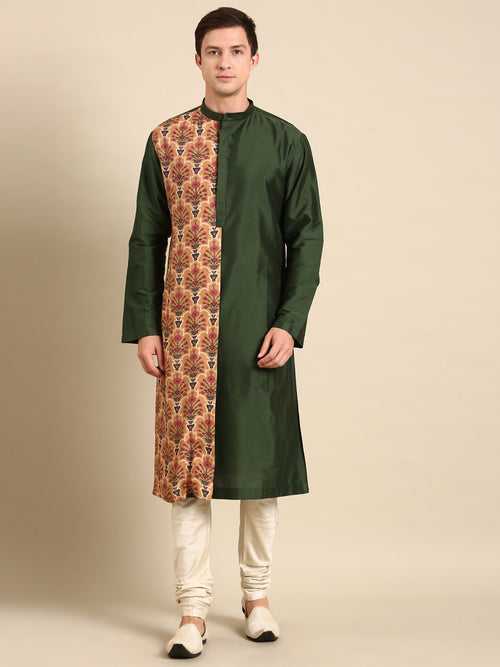 Green/Beige Print Silk Muslin Kurta Set - MMK0595