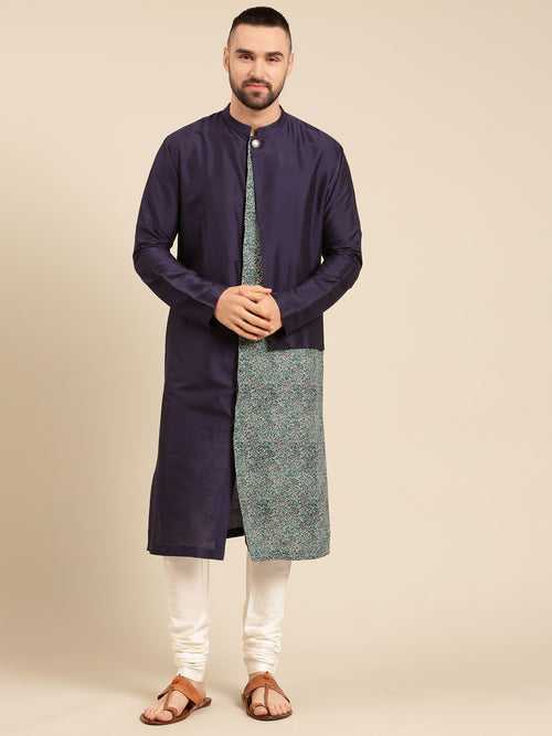 Blue Printed Silk Linen Kurta Set - MMK0604