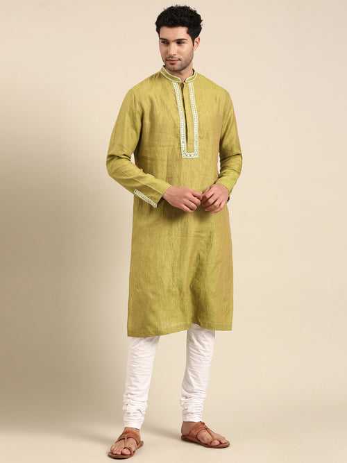 Green Linen Emb Kurta Set - MMK0609