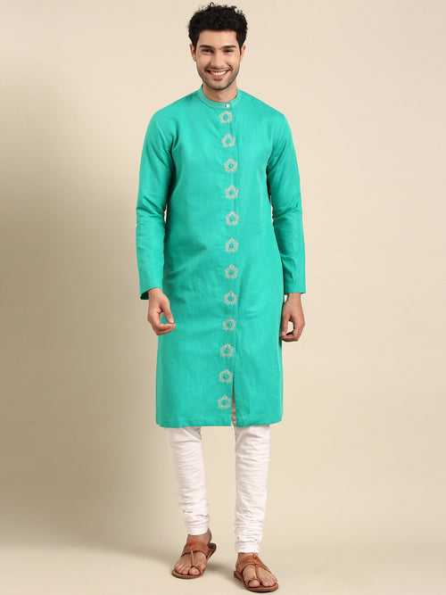 Sea Green Linen Emb Kurta Set - MMK0612