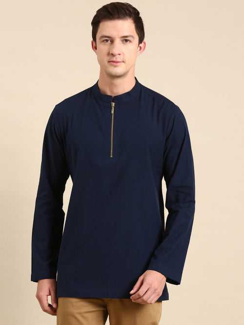 Navy Blue Malai Cotton Short Kurta  - MMSK067