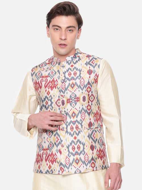 Red Beige Printed Muslin Nehru Jacket - MMWC0216