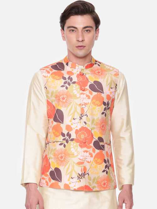 Orange Beige Printed Muslin Nehru Jacket - MMWC0227